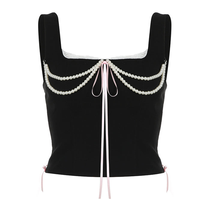 Court Girly Sexy Lace Tube Top Pearl Chain Elastic Waist Tight Lace up Vest Sexy Top Summer