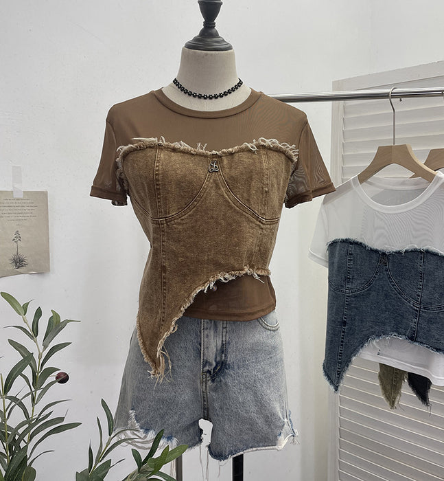 Denim Stitching Mesh Short Sleeve T Shirt Summer Fashionable Irregular Asymmetric Short High Waist Slim Top