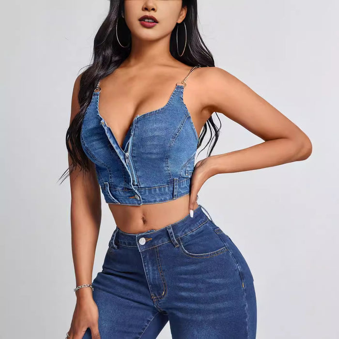 Women Clothing Deep V Plunge neck Backless Denim Camisole