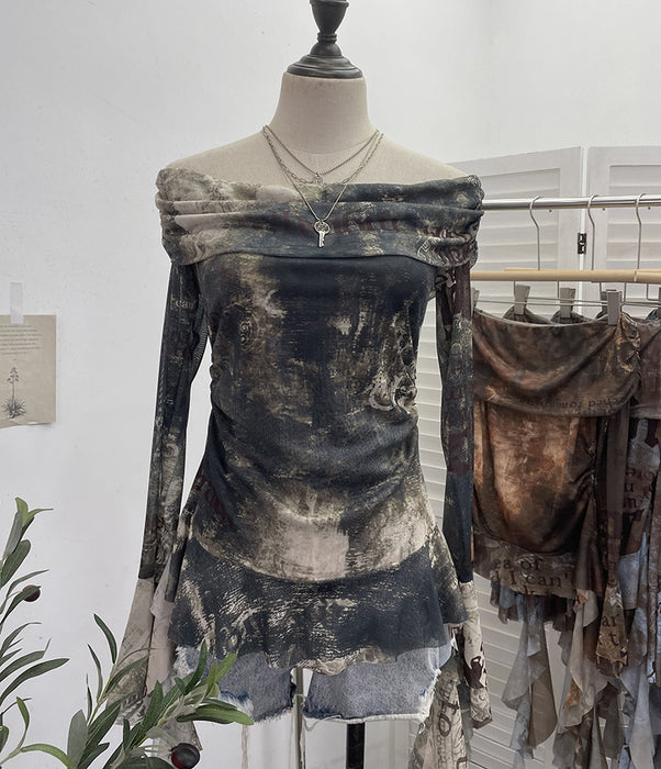 Off Shoulder Ribbon Tie Dyed Printed Mesh Small Shirt Top Sexy Design Pleated Long Sleeve T Shirt