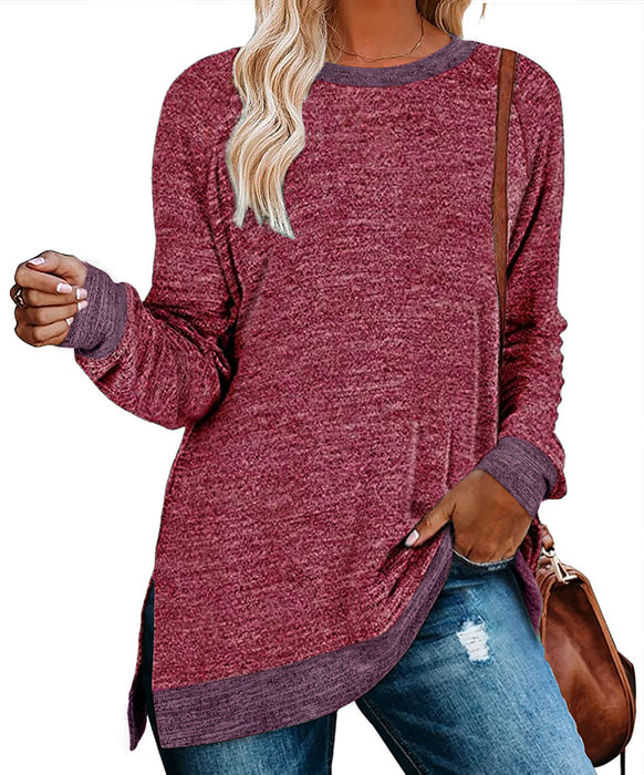 Women Clothing Long Sleeve round Neck Multicolor Split Top Loose Casual Pullover T-shirt