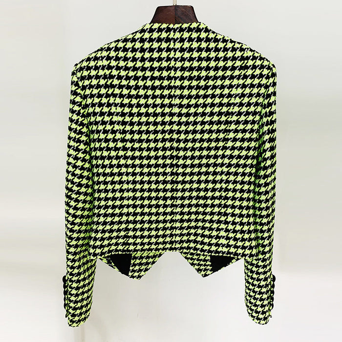 Cool Logo Beaded round Neck Fluorescent Green Houndstooth Woolen Jacket Coat