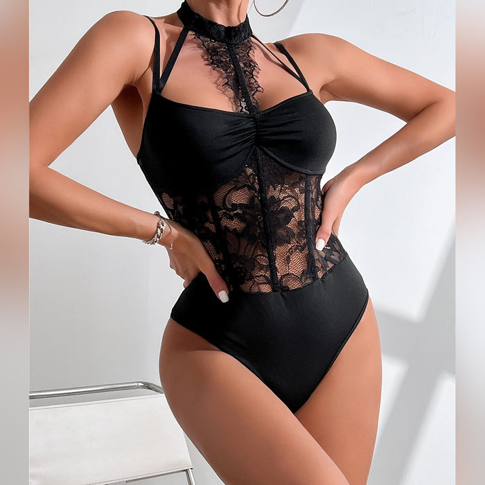 Black Tights Waist Lace Eyelash Lace Halter Boning Corset Sexy Jumpsuit