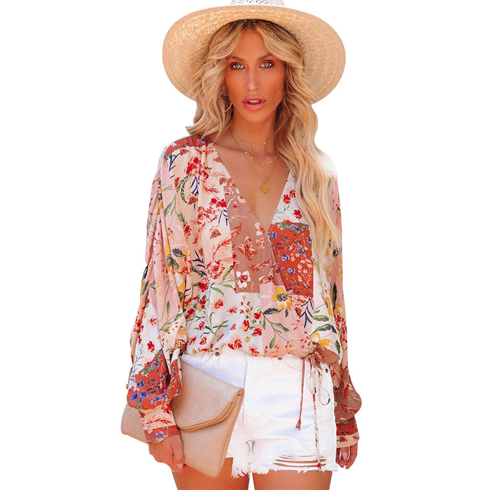 Spring Summer Floral V-neck Long Sleeve Loose Casual Shirt