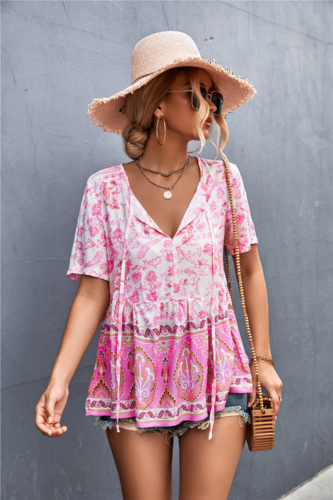 Spring Summer Bohemian V-neck Lace-up Positioning Floral Top Women