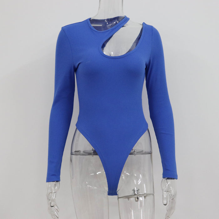 Rib Hollow Out Cutout out Bodysuit Women Spring Long Sleeve Sexy Top Simple Slimming