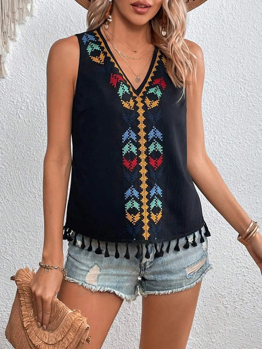 Women Clothing Summer Ethnic V neck Embroidery Stitching Hem Wool Tassel Vest Top