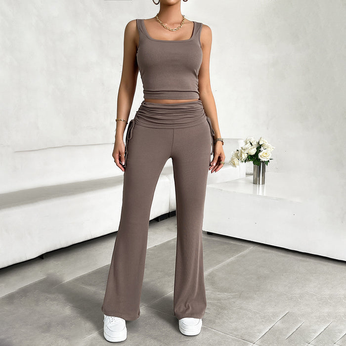 Women Clothing Spring Summer Casual Solid Color Slim Fit Vest Pants Suit