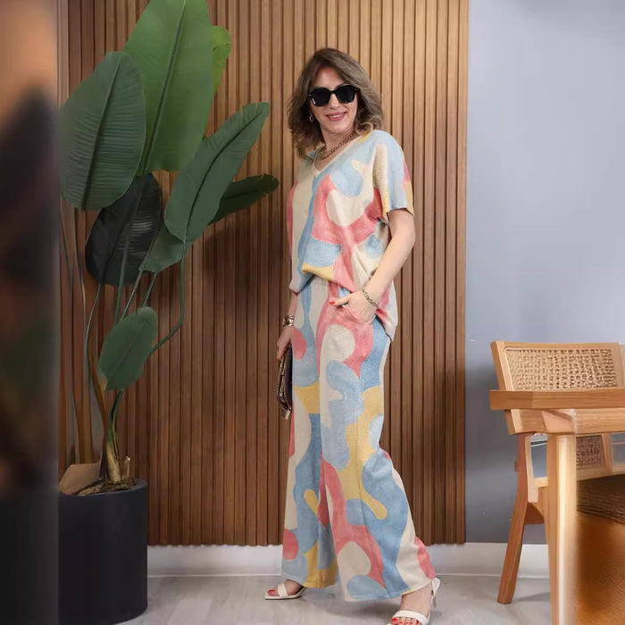 Women Clothing Multi Color Printed Loose Short Sleeved Top Casual Wide Leg Pants Two Piece Set