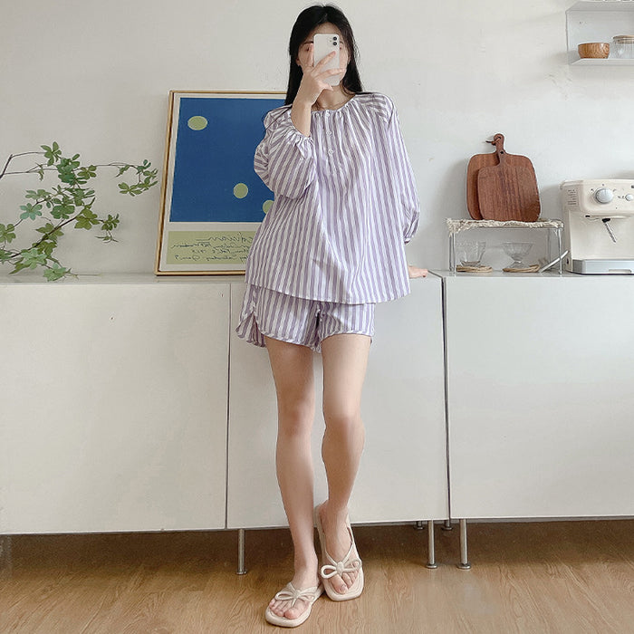 Spring Summer Korean Pajamas Printed Striped Comfortable Shorts Two Piece Casual Simple Loungewear Women Clothing