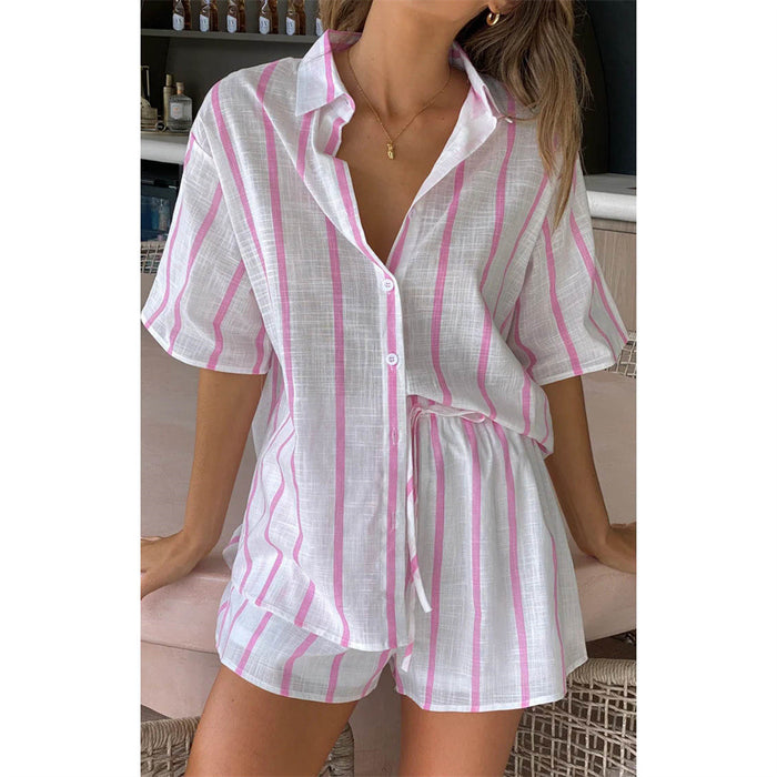 Spring Summer Striped Printed Short Sleeve Shirt Shorts Suit Beach Casual Two Piece Suit Women Clothing