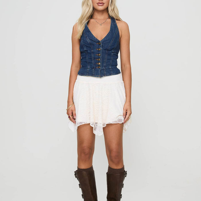 Halter Denim Vest Sexy Lace up Rope Button V neck Elegant Top