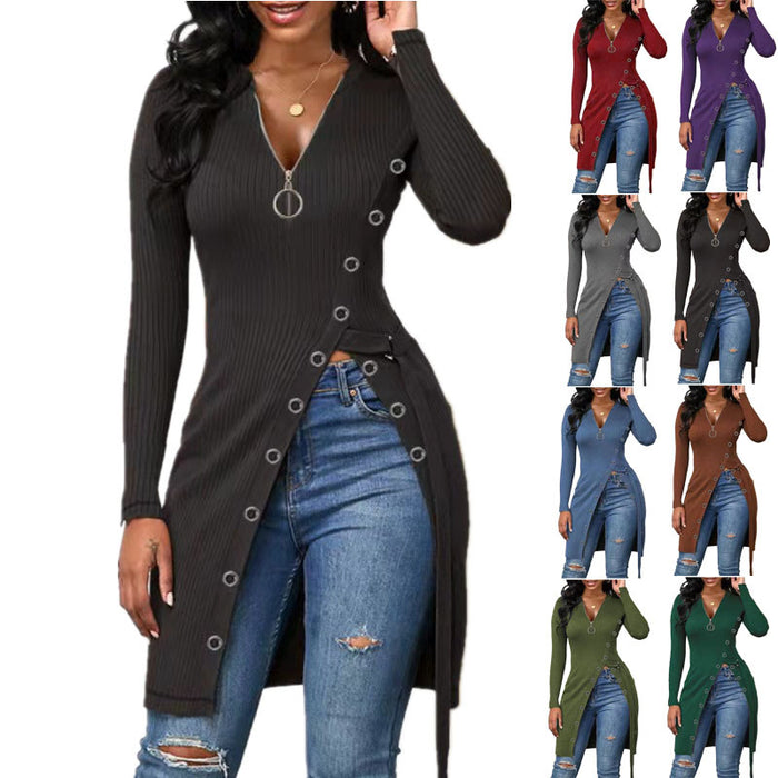 Autumn Winter Women Clothing V-neck Long Sleeve High Slit Thread Zipper T-shirt Top