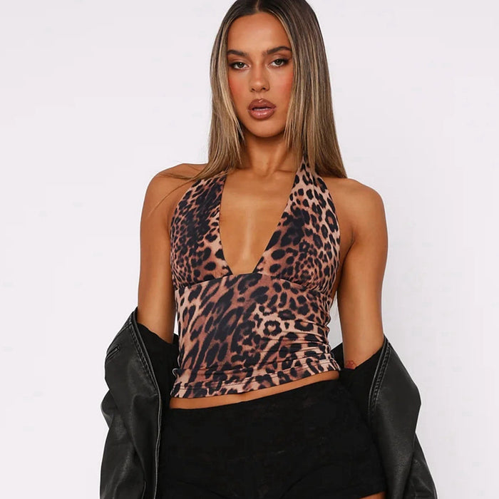 Women Clothing Leopard Print Halter Sleeveless Backless V Neck Short Small Vest Sling