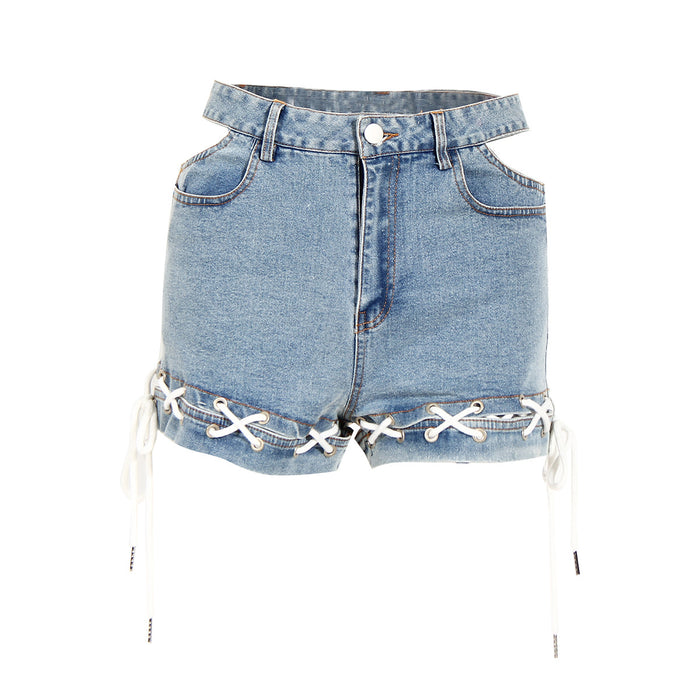 Denim Shorts Women Summer Waist Hollow Out Cutout Hem Braid Rope Loose All Match High Waist Wide Leg Pants