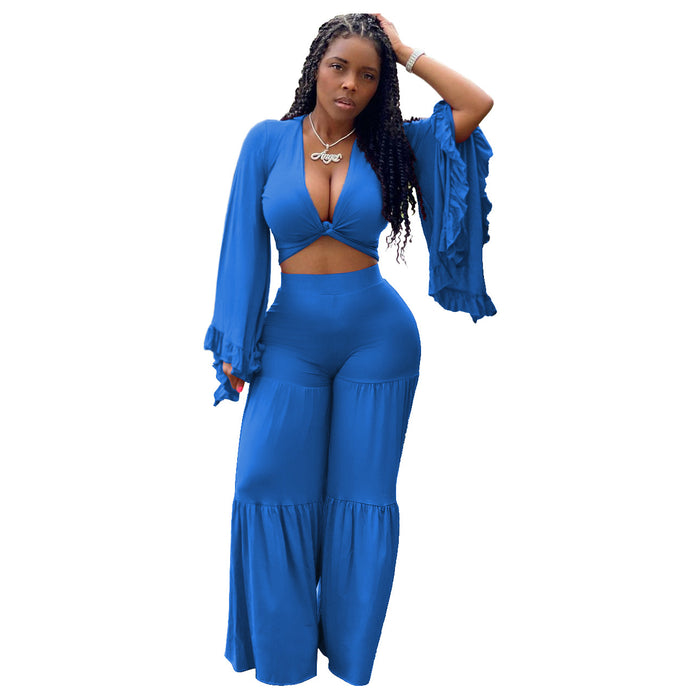 Women Clothing Long Sleeve Two Piece Suit Wide Leg Bell Bottoms Autumn Bandeau Sexy