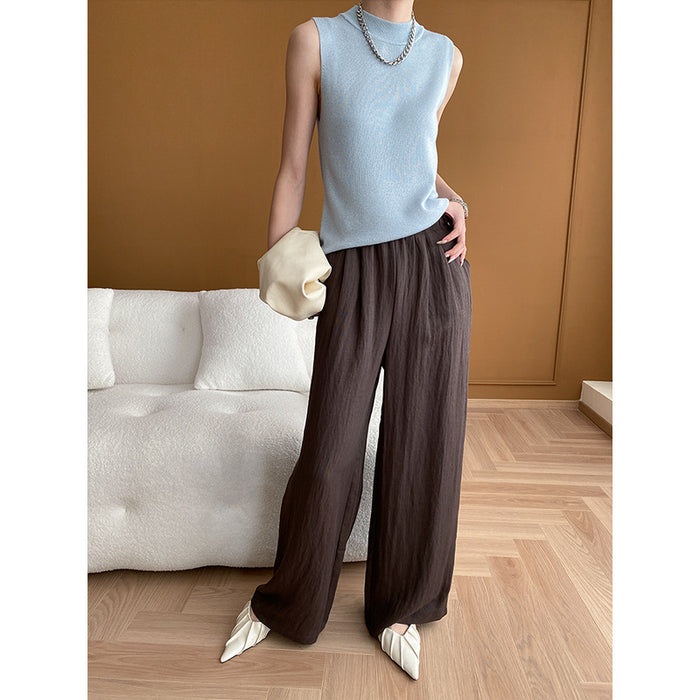 French Texture Pleated Design Elastic High Waist Slimming Lazy Casual Wide Leg Pants