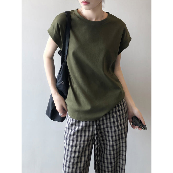 Sleeveless Design T shirt for Women Spring Summer Solid Color Round Neck Loose Slimming Vest Top