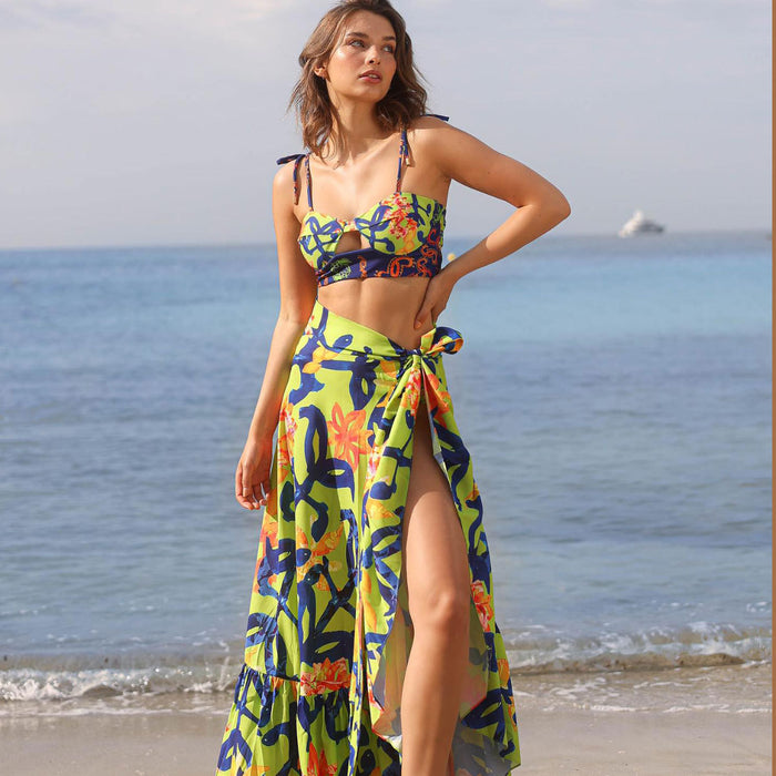 Strap Tube Top Split Swimsuit Women Skirt Two Piece Set Print Amplified craft