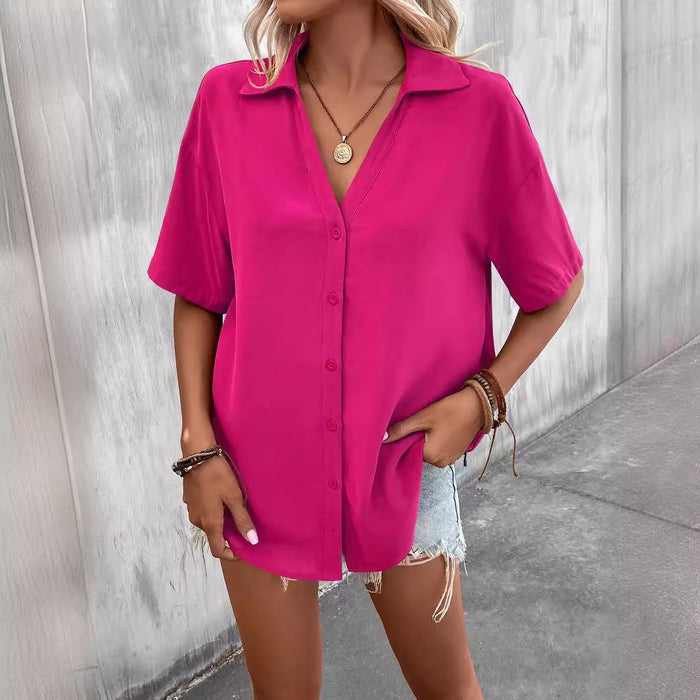 Women Clothing Women Solid Color Drop Shoulder Button Front Shirt Casual Short Sleeve Loose Top