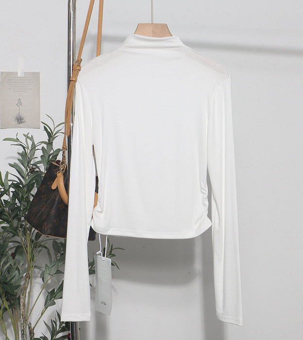 Autumn Winter Basic Stretch Slim Bottoming Shirt Long Sleeve Half Turtleneck T Shirt Pleated Short Top