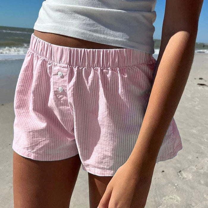 Vacation Simple Blue Striped Beach Shorts Women Loose Elastic Waist Sports Home Women Casual Pants