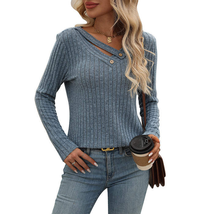 Women Clothing Autumn Winter Loose Casual V Neck Button Top Sunken Stripe T Shirt Women