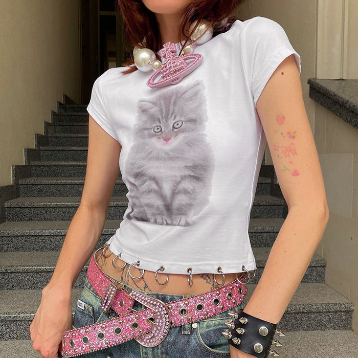 Summer Kitten round Neck Short Sleeve Ring T shirt Top Women Clothing