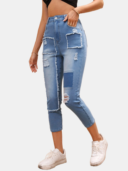 High Waist Ripped Cropped Pants Korean Casual Beggar Loose Straight Jeans