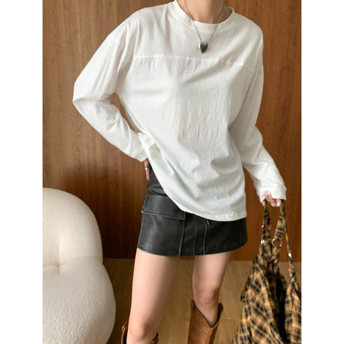 Niche Design Comfortable Round Neck Stitching Loose Long Sleeve T Shirt Early Autumn