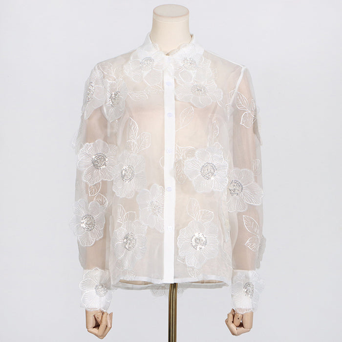 Spring Collared Heavy Industry Organza Embroidery Three Dimensional Floral Sequ Stitching Design Shirt