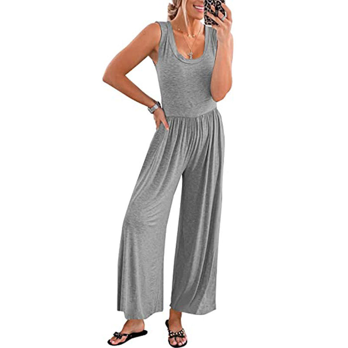 Summer Women Solid Color Sleeveless Jumpsuit