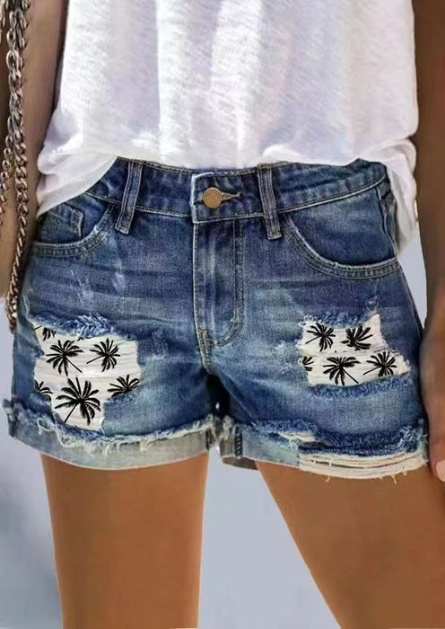 High Waist Ripped Jeans Women Street Hipster Patch Printed Denim Shorts