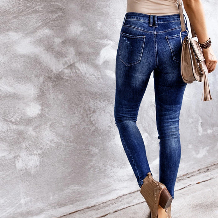 Autumn Winter Stretch Skinny Water Washed Hole Jeans Women Sexy Denim Hip Lifting