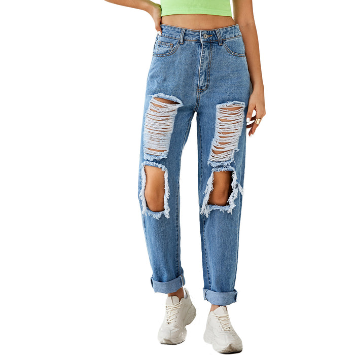 Women Clothing High Waist Ripped Straight Denim Pants Spring Summer