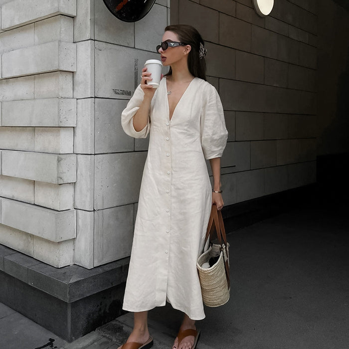 French Young Beige Cotton Linen Puff Sleeve Dress Women Summer Backless Loose V neck Shirt Long Dress