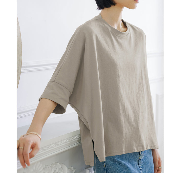 Popular Japanese Summer Loose Fitting Pure Cotton T shirt Women Large Batwing Sleeve Side Slit Top