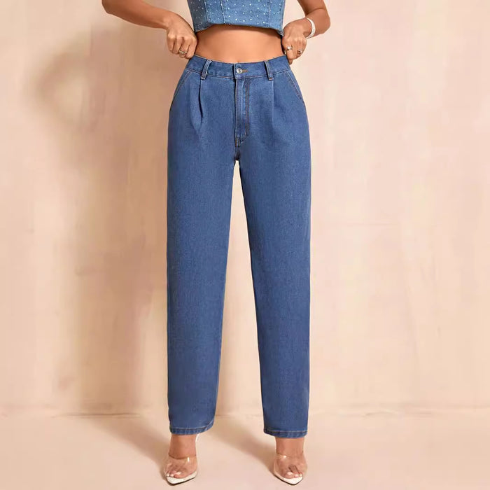 Women Clothing Fashionable Simple Casual High Waist Straight Leg Denim Trousers