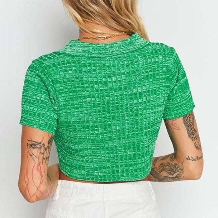 Women Polo Shirt Green Collared Knitwear Sweater Small Cardigan Cropped Short Sleeve Short Sleeve