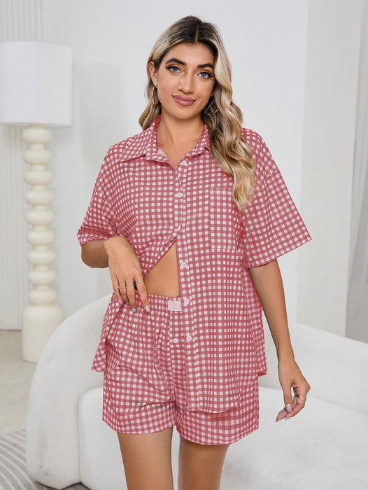 Women Casual Comfortable High Waist Loose Wide Legs Retro Plaid Shorts Checked Shirt Women