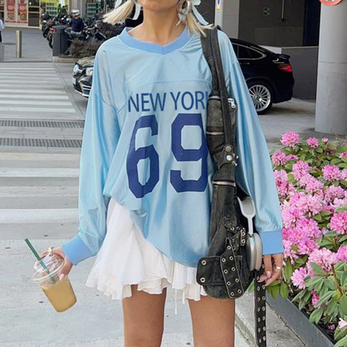 Casual Contrast Color Digital Satin T shirt Street Trend Unisex Loose All Match V neck Exercise Jersey Top