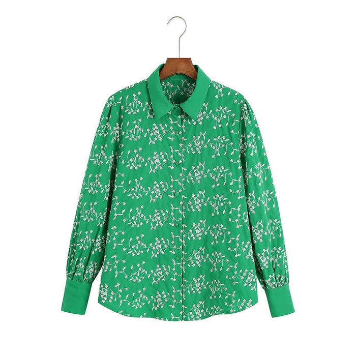 Fall Women Clothing Casual Green Embroidery Shirt Long Sleeve Embroidered Shirt