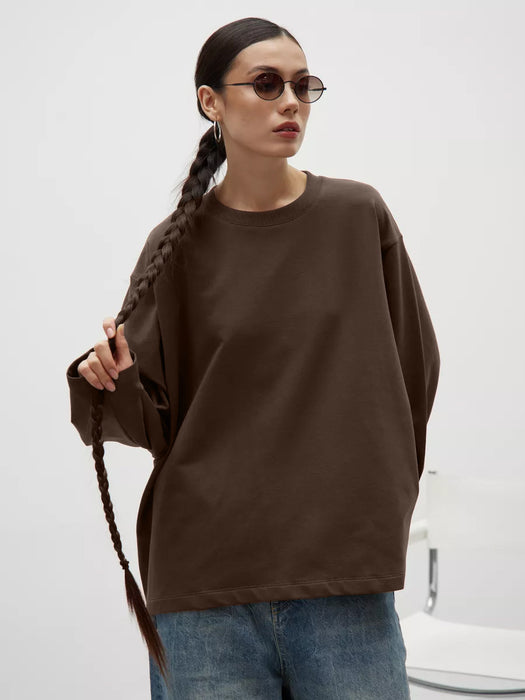 Cotton Solid Color Long-Sleeved T shirt Women Loose Fitting Casual round Neck Top