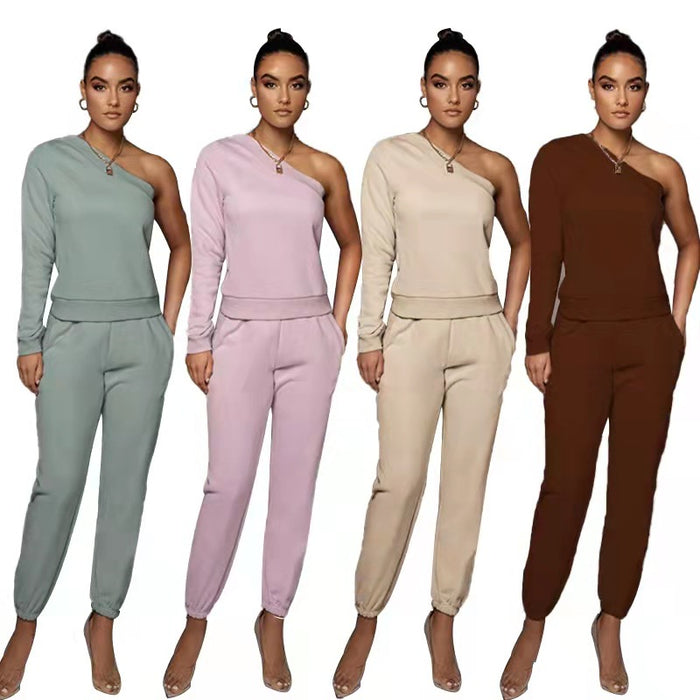 Urban Casual Solid Color Pullover off-the-Shoulder Trousers Women Fleece Lined Slim Fit Long Sleeve Sweater Set