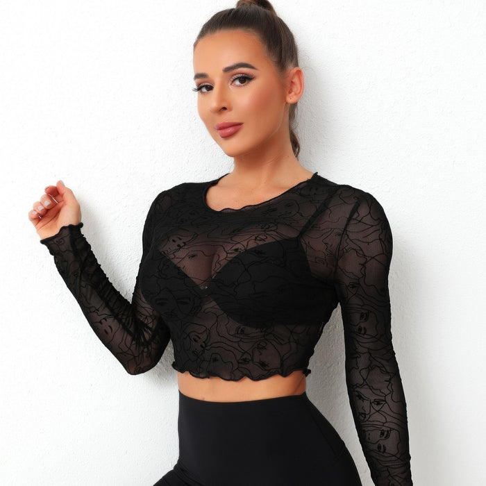 Elastic Mesh Hollow Out Cutout Cropped Long Sleeve Ruffled Top T Shirt