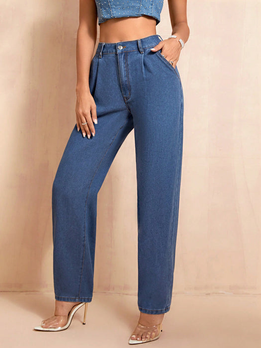 Women Clothing Fashionable Simple Casual High Waist Straight Leg Denim Trousers