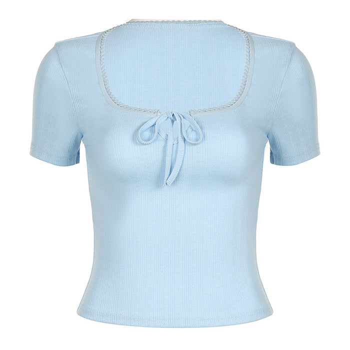 Girly Lace Square Collar Jacquard Lace up Short Top Sweet Solid Color Sexy Slim Fit All Match Slimming Short Sleeve