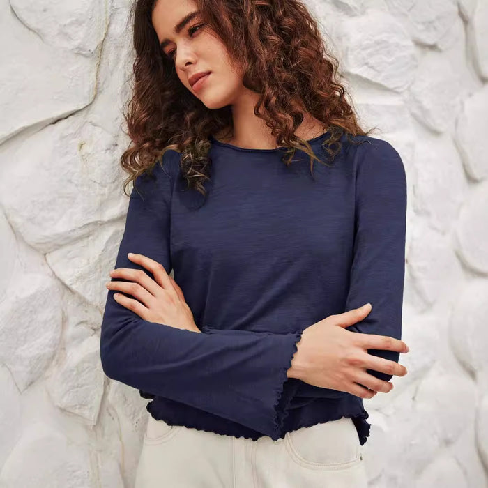 Early Autumn Top Round Neck Stringy Selvedge Flare-Sleeve Long Sleeve Knitted Bottoming Shirt