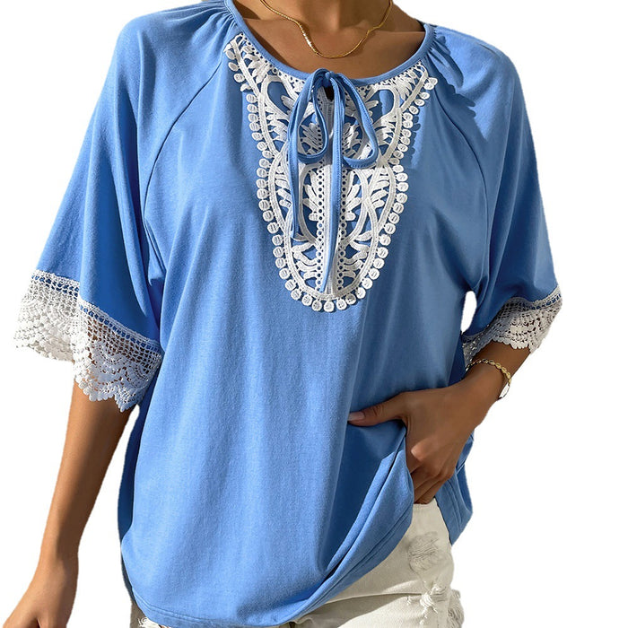 Women Summer National Lace round Neck Lace Stitching Loose Short Sleeve Top