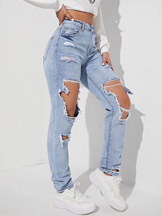 High Waist Straight Large Ripped Denim Trousers Women